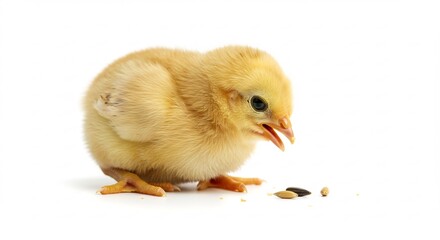 Fototapeta premium Poussin jaune mignon mange graines fond blanc lumi�re douce. AI Generated