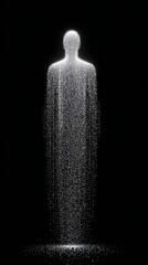 Digital soul silhouette formed by cascading white particles in dark background, surreal digital soul concept for future-tech visuals and emotional digital soul design