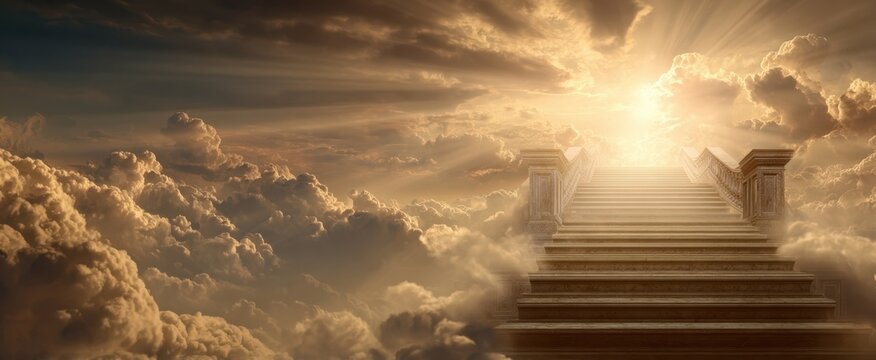 The Staircase to Golden Heavens Through Radiant Sunbeams Above Soft Cloudscape