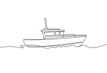 Minimalist continuous line drawing of a small boat sailing on choppy water