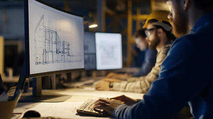 Team of architects reviewing building plans on computers. Collaborative effort in design office. Technical drawings displayed on monitors with colleagues at work.