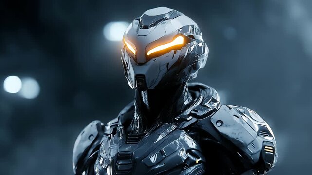 Close-up of a futuristic armored robot with glowing orange eyes android cyborg - Powered by Adobe