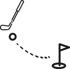 Vector art of a golf club is poised to strike a golf ball near a hole with a flag in this black and white illustration, the image captures the precision and skill of the sport on