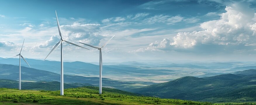 The Wind Turbines on a Green Ridge Overlooking Rolling Mountains and Blue Sky - Powered by Adobe