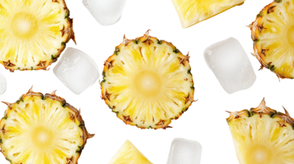 Close up of fresh pineapple slices arranged on a dark background isolated on transparent background