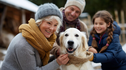 A multigenerational family builds a large snowman together with grandmother wrapping a knitted scarf father lifting daughter to place the hat teenagers adjusting accessories