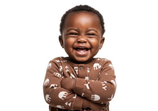 Adorable African baby boy laughing isolated on transparent background, happy toddler in brown pajamas with animal pattern for baby products