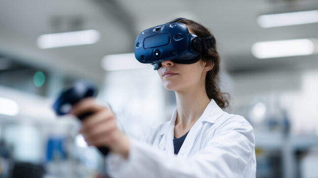 Woman using VR headset and controllers in futuristic laboratory, concept of virtual reality simulation and technology innovation woman VR headset controllers, futuristic lab, virtu