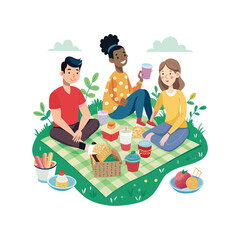 Three diverse friends enjoying a cheerful outdoor picnic party together