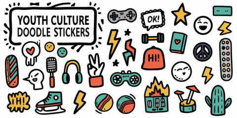 Collection of vibrant hand drawn doodle stickers representing youth culture and modern interests