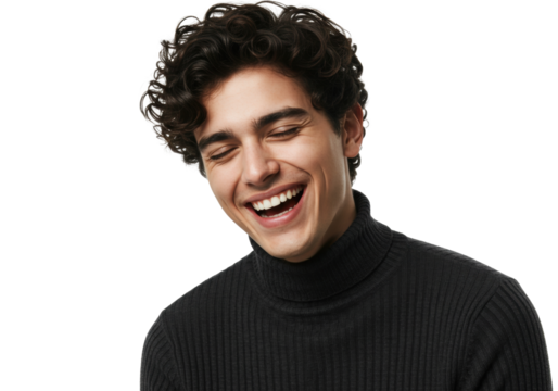 Handsome man with curly hair laughing isolated on transparent background, portrait of a happy young adult in black turtleneck