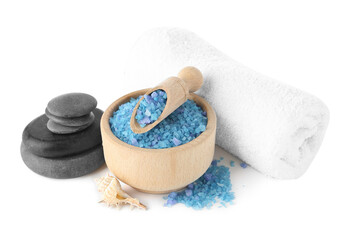 Blue sea salt, towel, spa stones and shell isolated on white