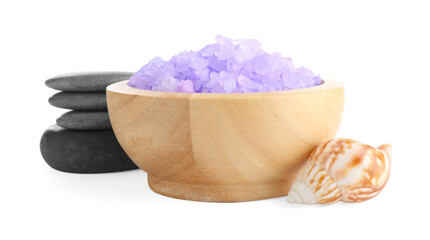 Violet sea salt in bowl, spa stones and shell isolated on white