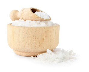 Sea salt in bowl and scoop isolated on white