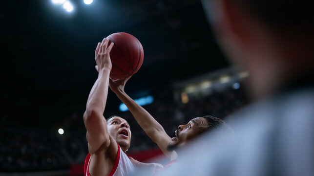 Intense basketball match start, two athletes reaching for ball in air with referee, concept of competition and teamwork intense basketball match, athletes reaching ball air, refere