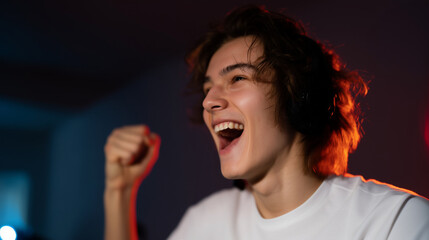 Young streamer with headset cheering while playing online game, illuminated by cyberpunk neon lights young streamer headset, cheering gaming victory, cyberpunk neon illumination, o