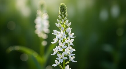 Fototapeta premium Elegant White Star Cluster Flower Spire in Soft Sunlight with Green Bokeh Background