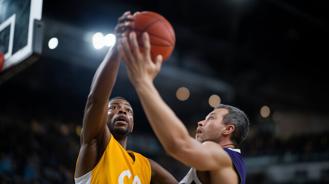 Intense basketball match start, two athletes reaching for ball in air with referee, concept of competition and teamwork intense basketball match, athletes reaching ball air, refere - Powered by Adobe