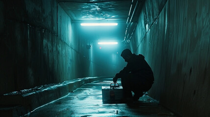 Shadowy figure contemplating contents of a metal case in a concrete tunnel