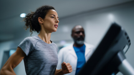 Athlete running on treadmill during cardiology fitness test with doctor monitoring athlete treadmill test, cardiology fitness check, ECG monitor heart rate, sports medicine researc