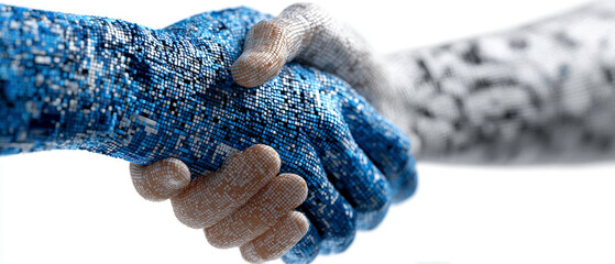 Two hands clasped in a handshake, one blue, one gray, symbolizing agreement.