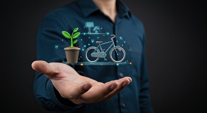 Sustainable future concept presented by a person holding a growing plant, bicycle, and solar panels in a digital interface, symbolizing green energy and eco-friendly living for a better world.