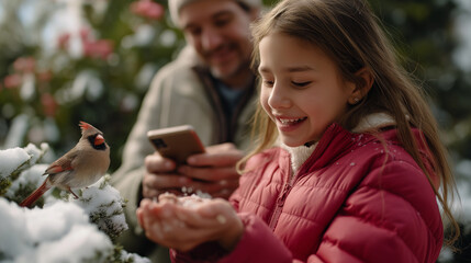 A family feeds winter birds from their hands in a snowy garden bright cardinal perches on daughter's palm while chickadees hover nearby as parents use phone app to identify specie