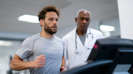 Athlete running on treadmill during cardiology fitness test with doctor monitoring athlete treadmill test, cardiology fitness check, ECG monitor heart rate, sports medicine researc
