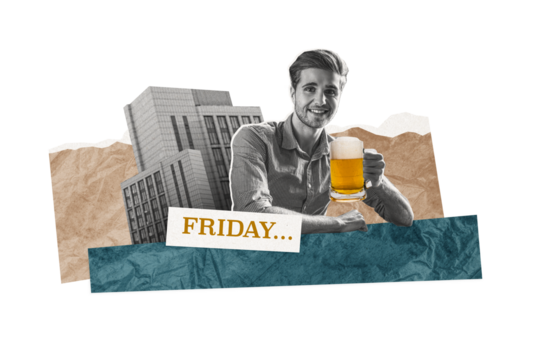 Composite photo collage of happy man hold big glass beer beverage friday relax occasion bar building enjoy isolated on painted background