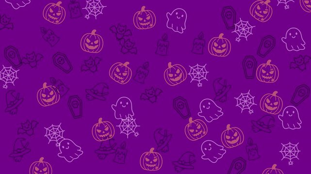 doodles halloween with purple, orange and violet Halloween pattern. Happy and festive, perfect for invitations or background