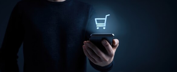 The Shopping Cart Icon Projected Above A Smartphone In User's Hand With Dark Background