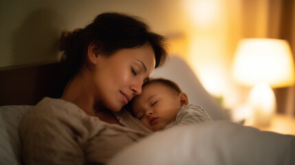 Tender moment of mother caring for sleeping child in warm bedroom tender moment mother caring, sleeping child cozy room, warm bedroom lamp light, loving parent bedtime, family life