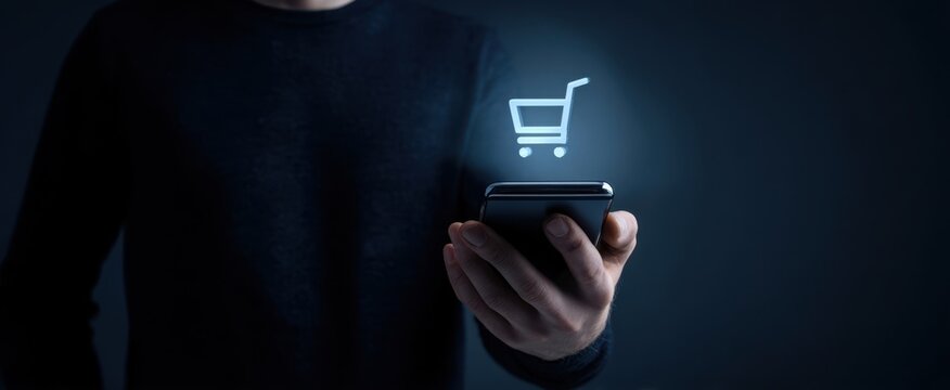 The Shopping Cart Icon Projected Above A Smartphone In User's Hand With Dark Background