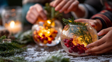 Parents and children create colorful ice luminaries using balloons and natural materials arranging cranberries and evergreen sprigs before freezing with LED lights ready to