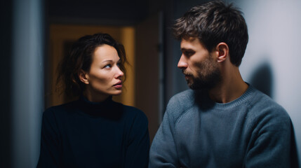 Couple arguing at home in dark hallway with emotional expressions couple arguing at home, relationship conflict, emotional expressions quarrel, family tension domestic problems, ma