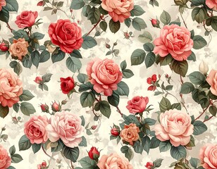 Vintage floral pattern of blooming roses and leaves