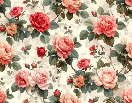 Vintage floral pattern of blooming roses and leaves