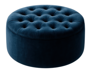 A round velvet ottoman with a tufted top for added comfort in the bedroom.