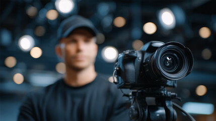 Photographer working in studio with camera and lighting equipment photography setup, photo studio lights, professional creative work, media production scene, modern photography too