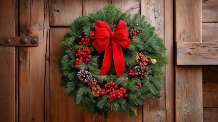 A stylishly decorated Christmas wreath made of fresh pine, adorned with red berries, pinecones, and a large red bow. The wreath hangs beautifully on a rustic wooden door, welcoming guests