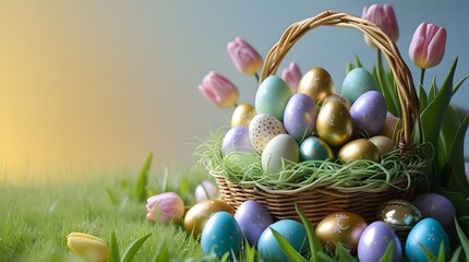 Easter Basket and Eggs: A beautiful basket overflows with pastel-colored eggs, nestled among fresh green grass and delicate tulips. The scene is bathed in soft light.