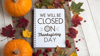 Closed on thanksgiving day sign with pumpkins and autumn leaves