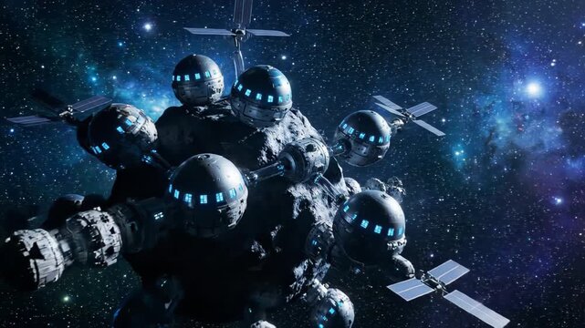 Futuristic space station on asteroid with spherical modules and orbiting satellites in colorful star field, sci-fi concept video footage