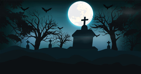 Realistic halloween night  full moon and haunted hill spoke graveyard with bats flying