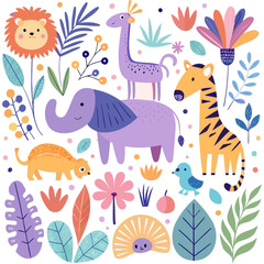 Vector art of cute jungle animals and tropical plants