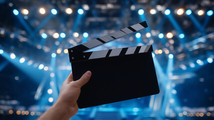Film crew on a sci-fi movie set preparing for a new scene with a clapperboard ready to start shooting under professional lighting setup cinema, film production, sci-fi set, clapper