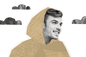 Composite photo collage of happy young guy wear casual clothes look sky cloud leisure fashion model pose isolated on painted background