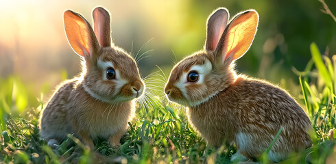Adorable baby bunnies in sunlit grass, pure innocence