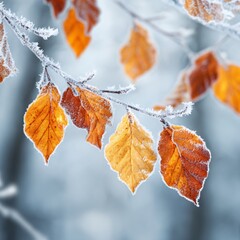 Seasonal transition: when autumn's warmth meets winter's chill. Empty space. Subtle frost on yellow and burnt orange leaves in a tranquil forest setting. Large format. Creative poster.