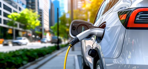 Electric car charging port with city street scene and sun